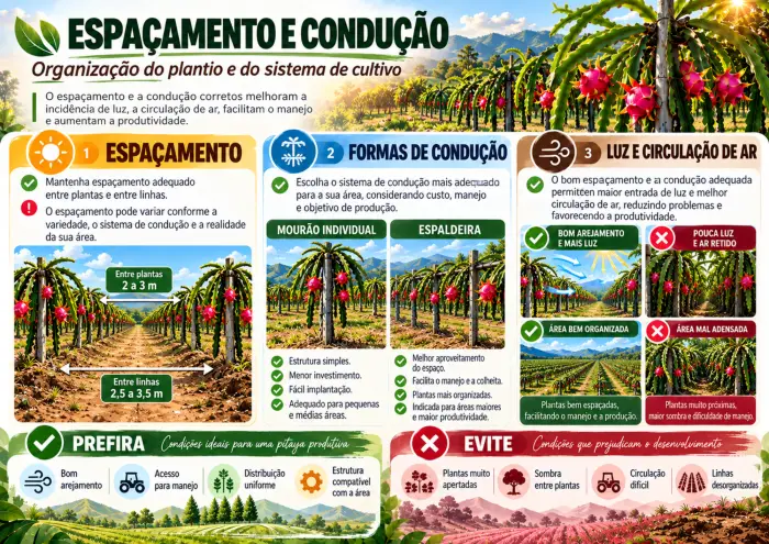 Mapa visual: espaçamento e condução da pitaya